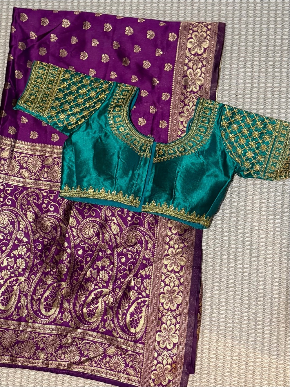 Emerald Green Embellished Crop Blouse with Gold Detailing
